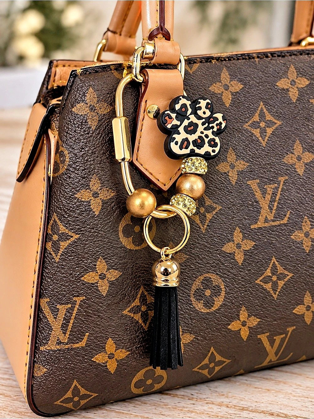 Leopard Print Paw Print Gold & Black Purse Charm